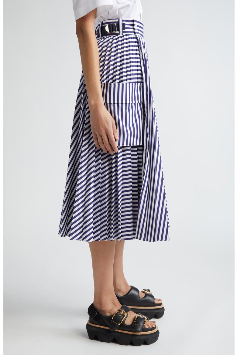 x Thomas Mason Pleated Poplin Cargo Skirt, Alternate, color, NAVY STRIPE