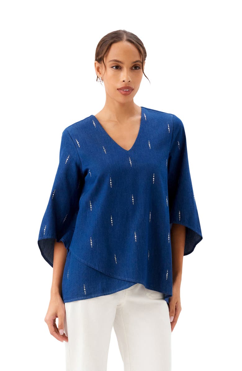 Karen Kane Embellished Asymmetric Hem Chambray Top, Alternate, color, Denim