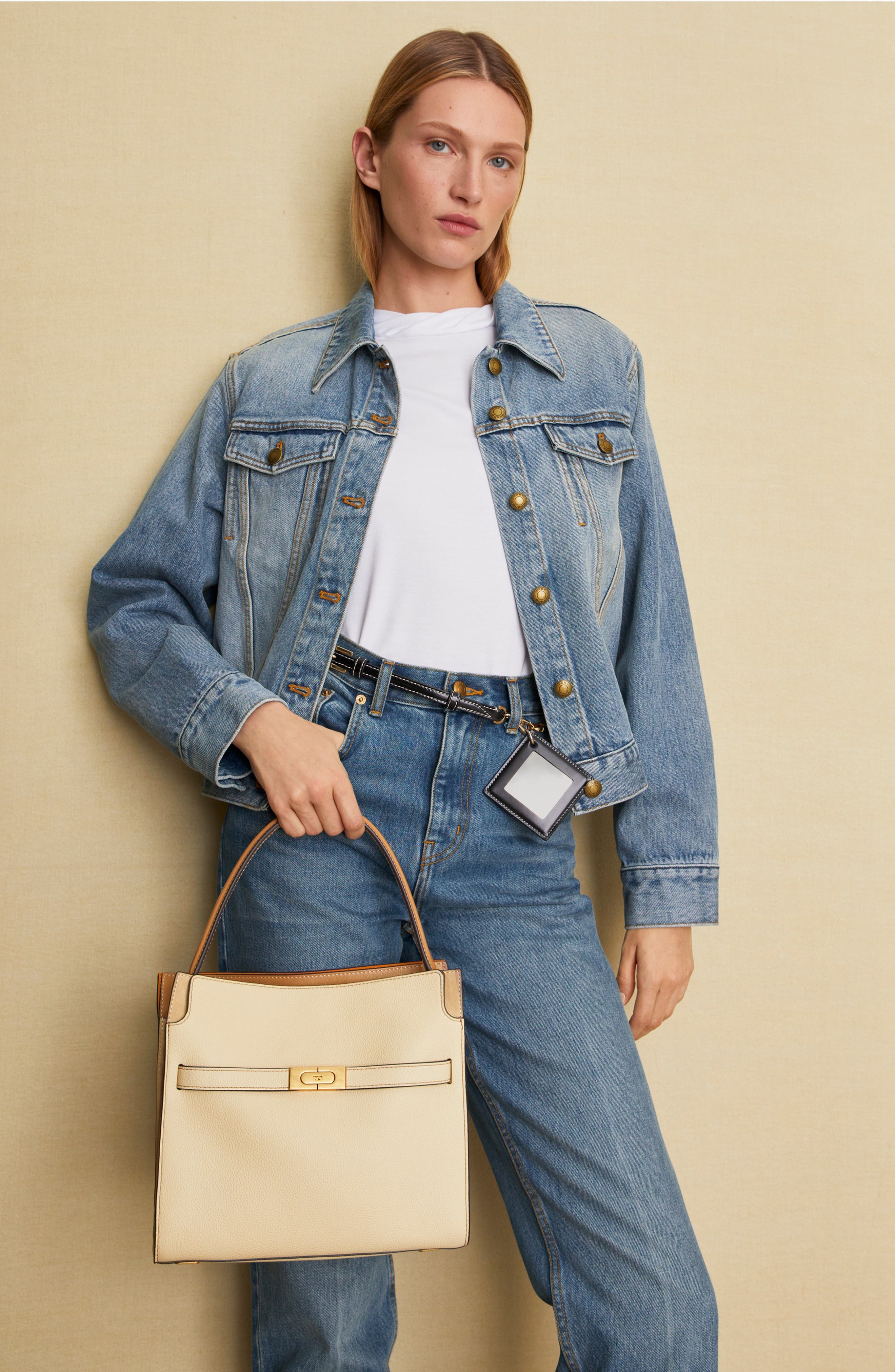 Tory Burch Lee Radziwill Pebble Leather Double Bag, Alternate, color, 