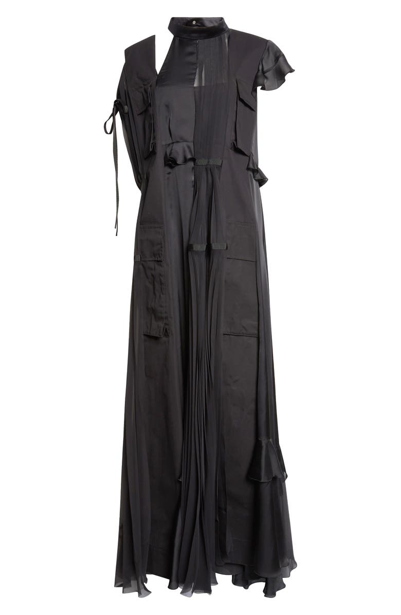 Sacai Mixed Media Maxi Dress, Main, color, Black