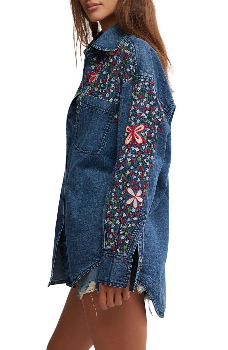 Free People Rainbow Embroidered Denim Shirt, Alternate, color, Rinse Wash