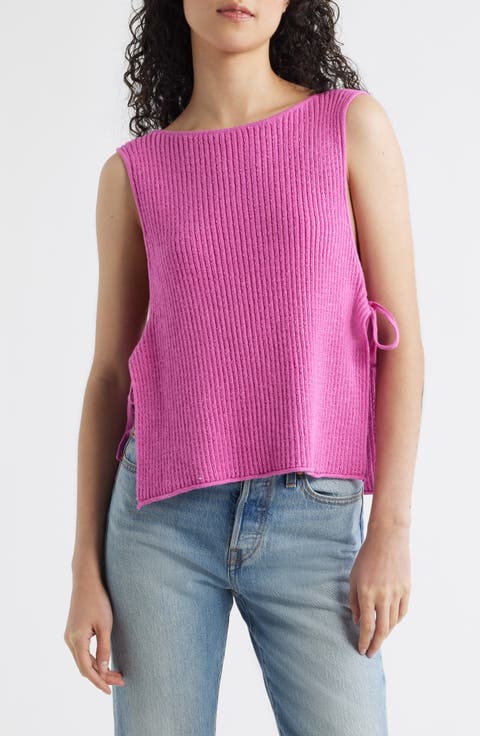Lizzie Rib Side Tie Sleeveless Cotton & Linen Blend Sweater