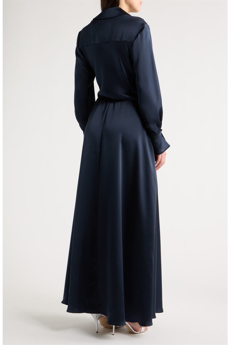 Spread Collar Long Sleeve Satin Gown, Alternate, color, NAVY