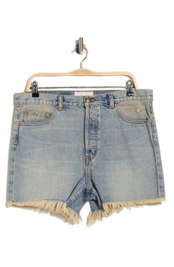 The Great . Clark Frayed Hem Cotton Denim Shorts In Gravel Wash