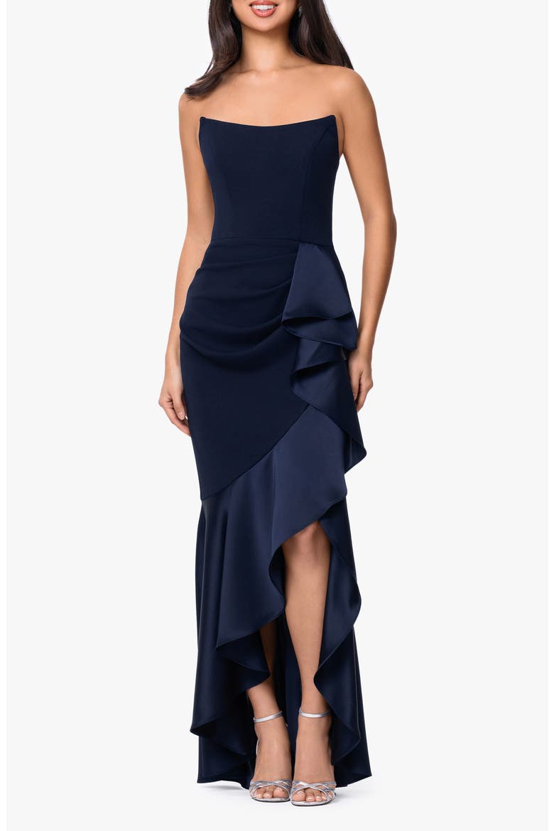 Satin Ruffle Detail Strapless Scuba Crepe Corset Gown, Main, color, NAVY