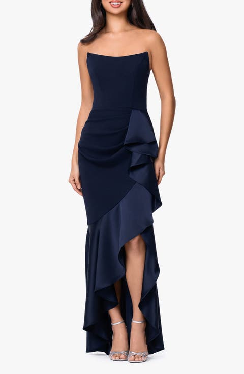 Satin Ruffle Detail Strapless Scuba Crepe Corset Gown