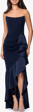 Betsy & Adam Satin Ruffle Detail Strapless Scuba Crepe Corset Gown