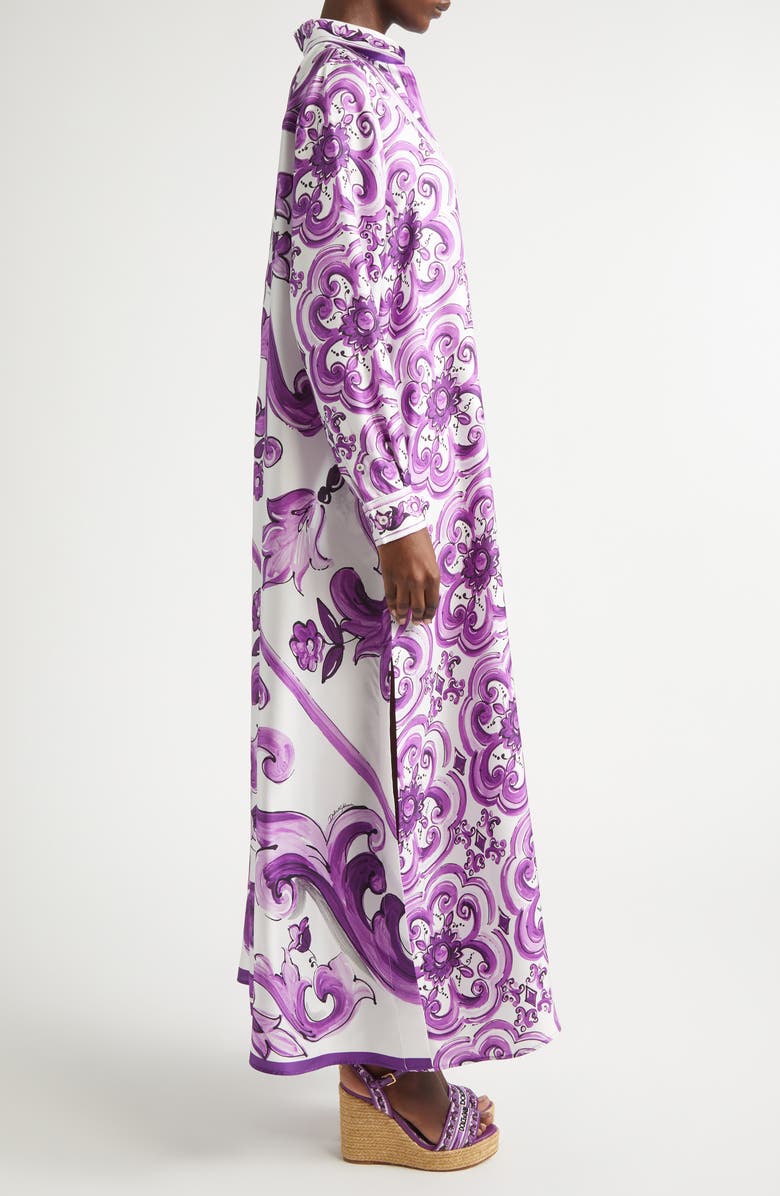 Dolce&Gabbana Majolica Print Long Sleeve Silk Shirtdress, Alternate, color, Ip3tn Mix Maiolica Viola