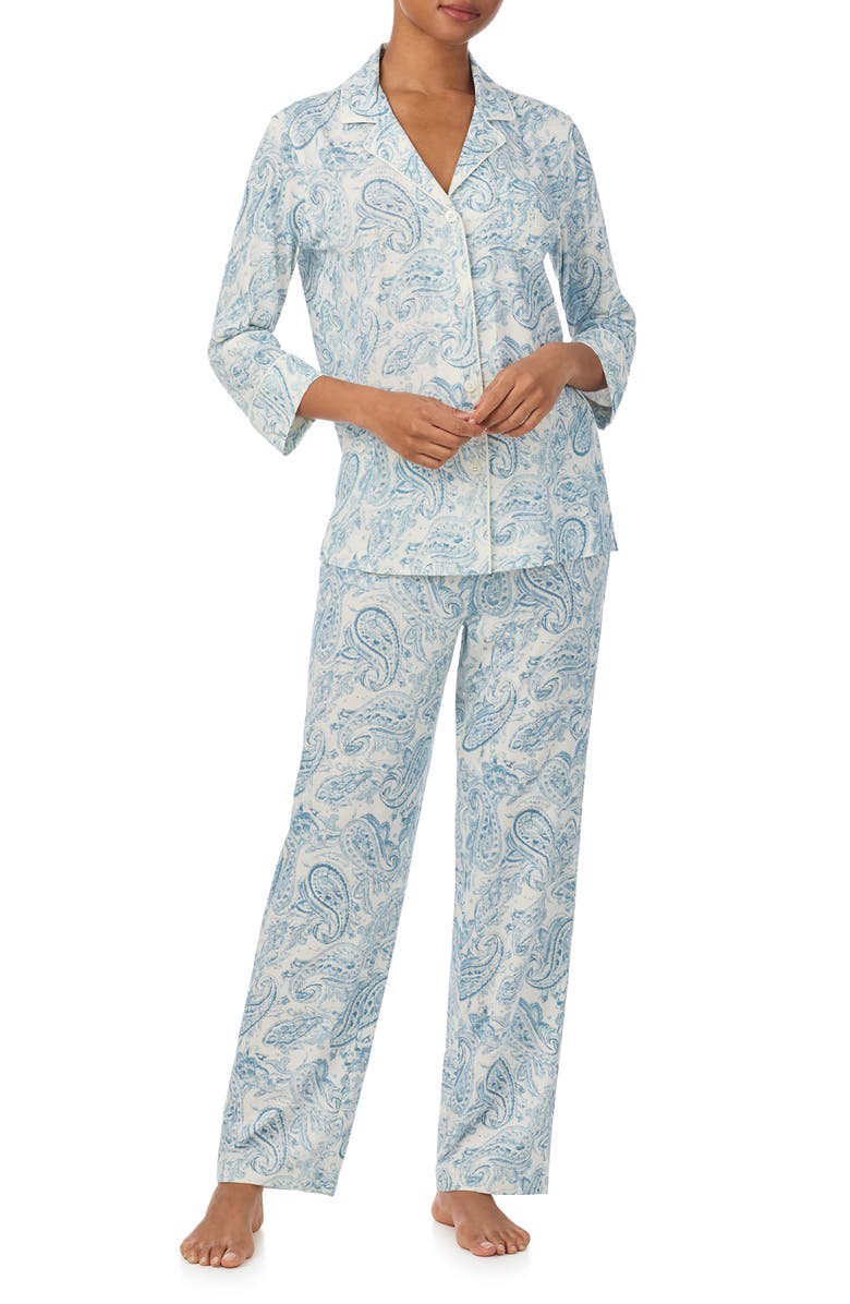 Lauren Ralph Lauren Print Cotton Blend Pajamas, Main, color, Blue Print