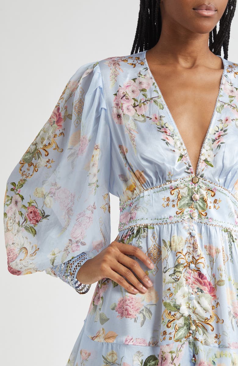 Camilla Tiled In Time Button Front Long Sleeve Silk Minidress, Alternate, color,