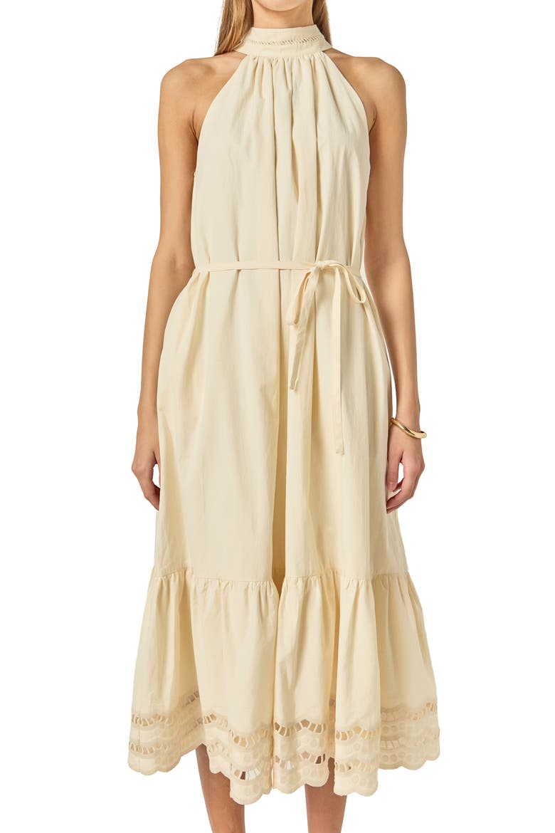 Embroidered Cotton Poplin Halter Dress, Alternate, color, CREAM