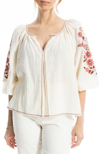 Max Studio Embroidered V-neck Ballon Sleeve Blouse In White