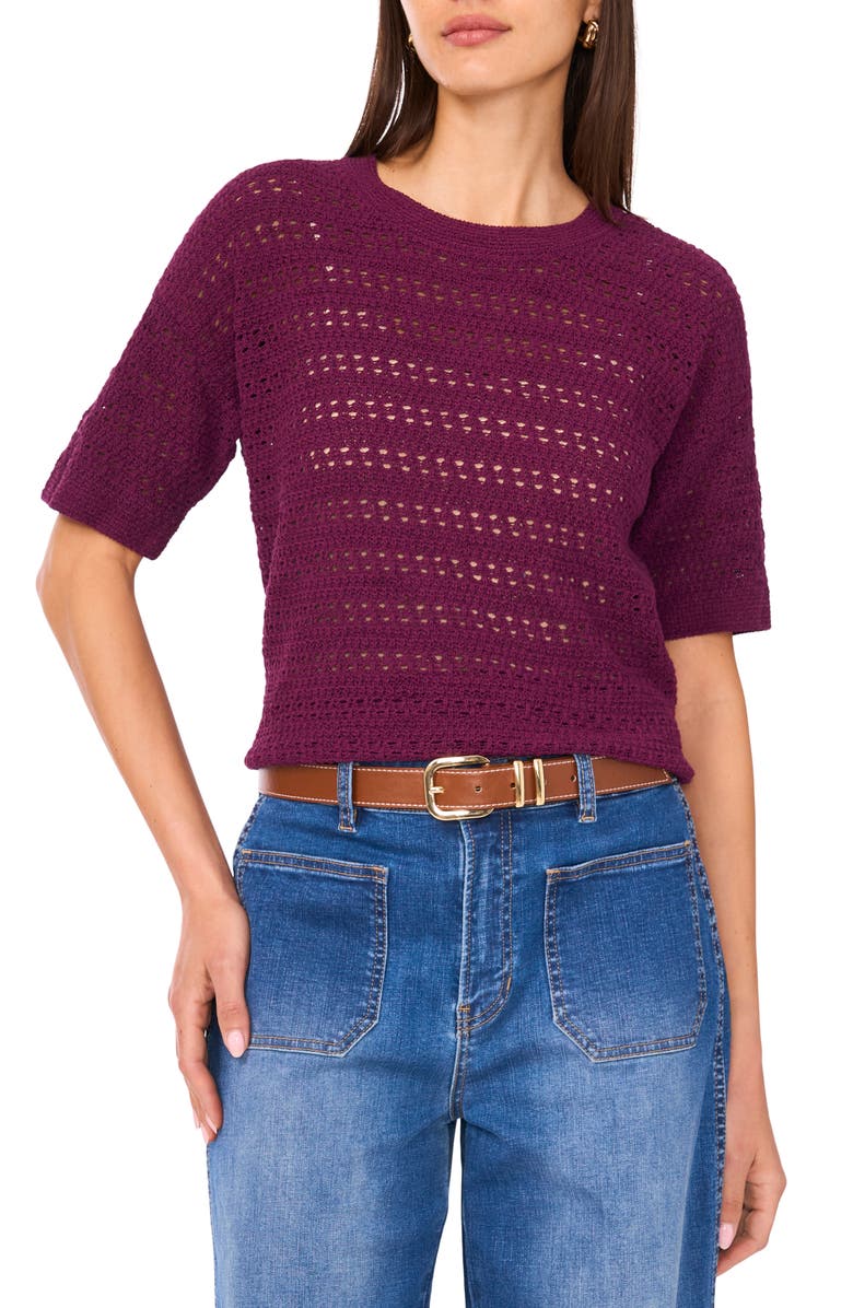 Vince Camuto Open Stitch Short Sleeve Sweater, Main, color, Pickled Beet