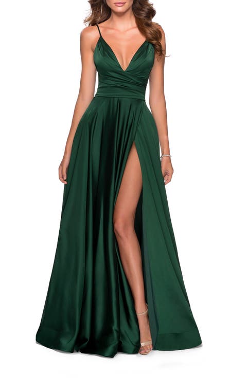 Long Satin Dress with Side Slit and V Shaped Back