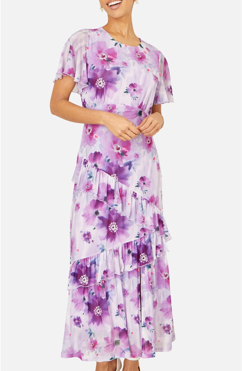 Yumi Floral Print Frill Midi Dress, Alternate, color, Lavender