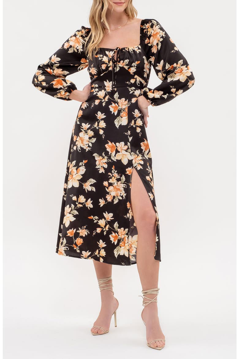 Floral Long Sleeve Midi Dress, Main, color, BLACK MULTI