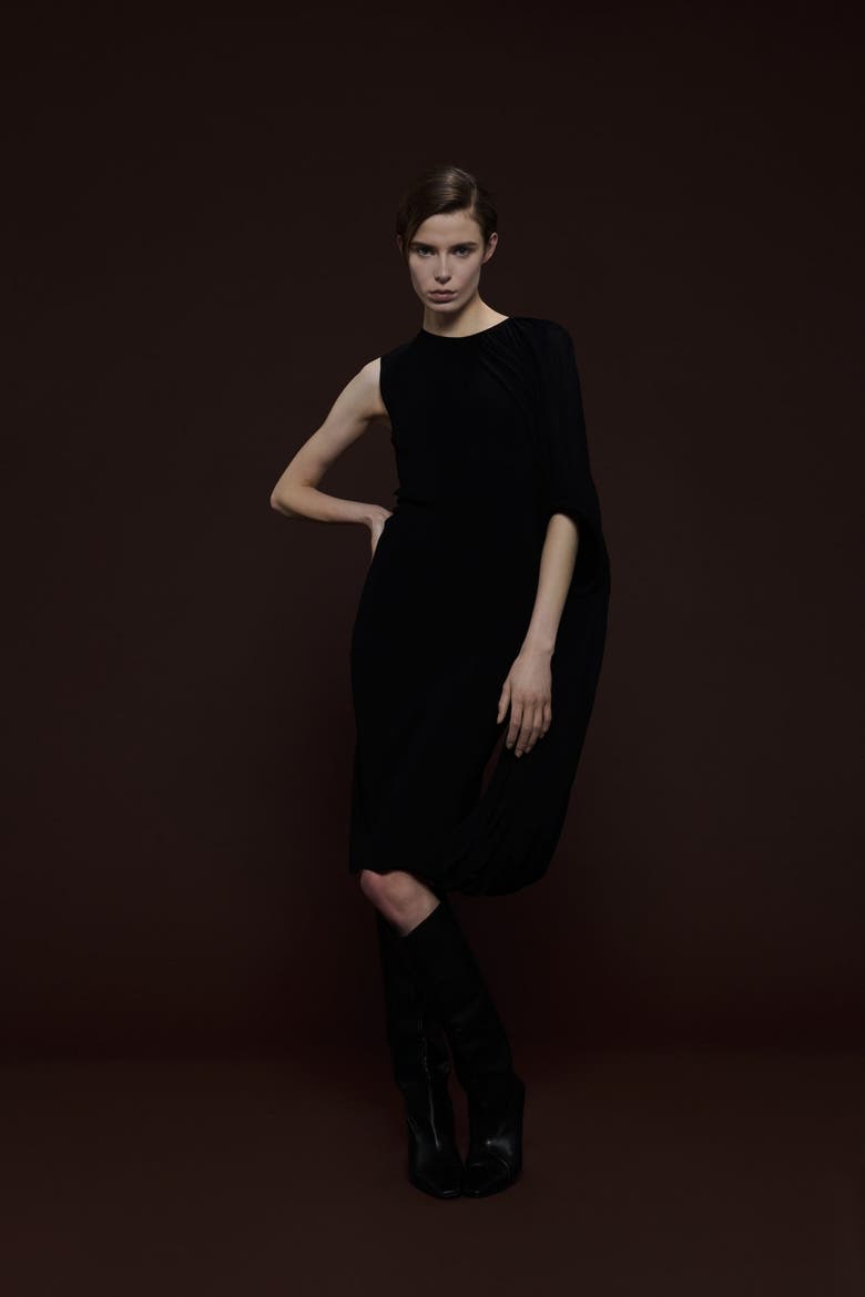 Asymmetric Shoulder Hoop Knit Dress, Alternate, color, Black