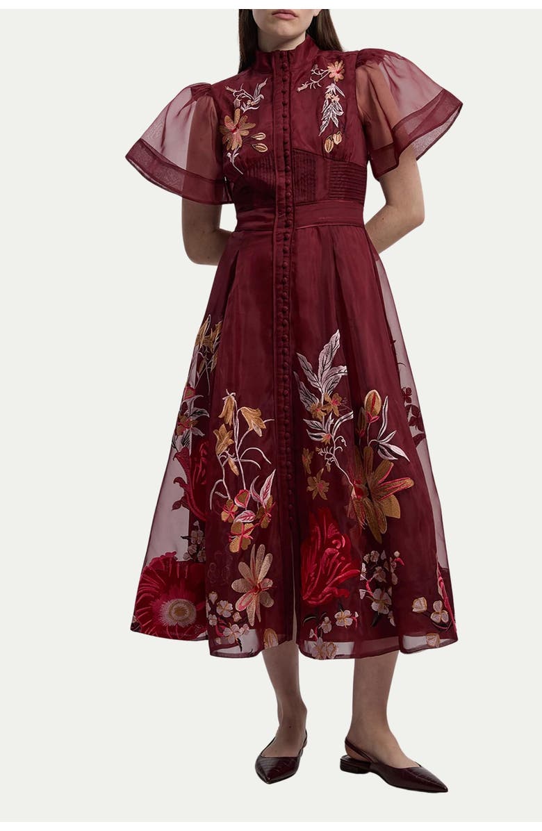 Karen Millen Embroidered Short Sleeve Midi Dress, Alternate, color, Purple