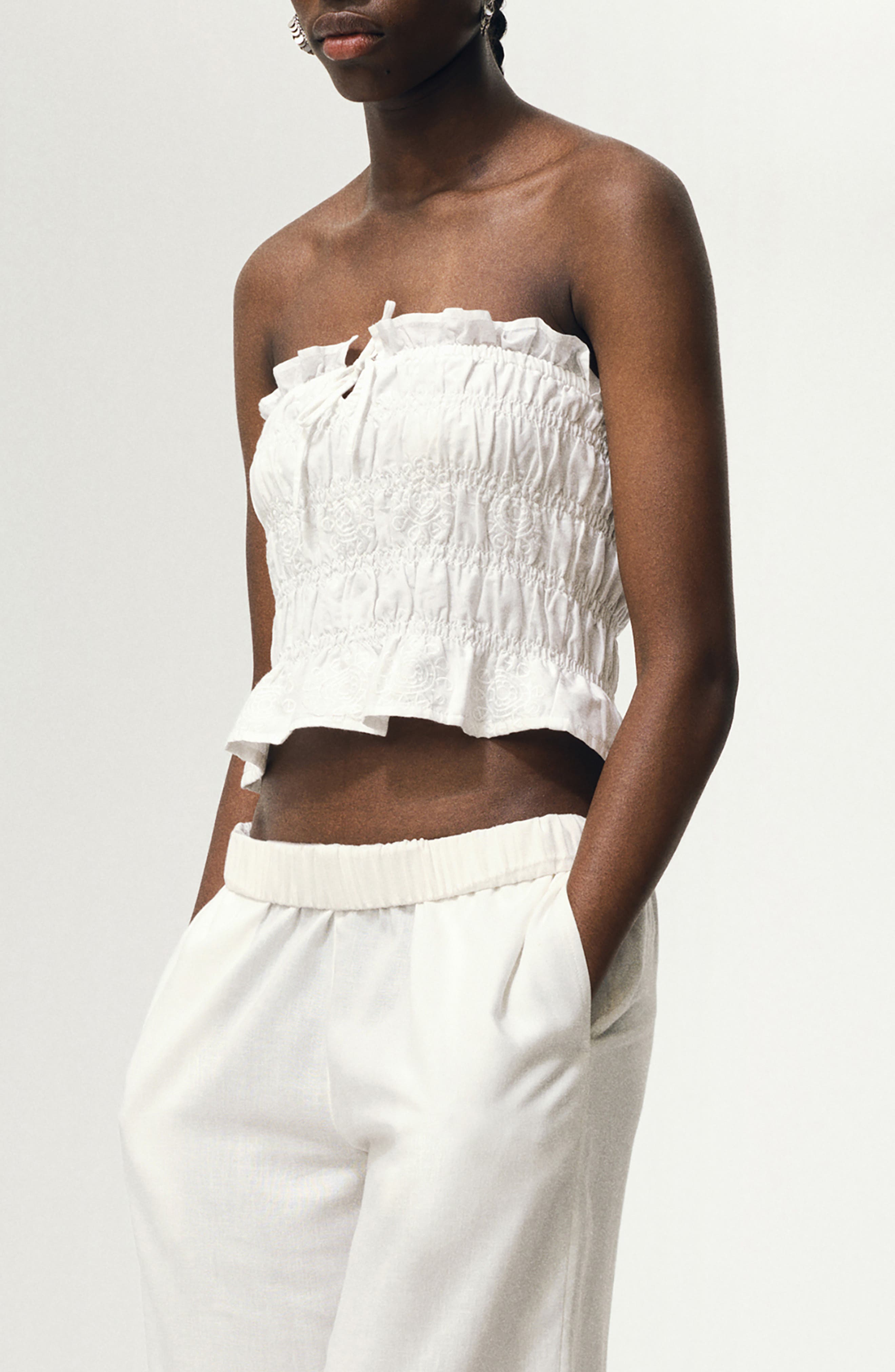 Mango Teen Embroidered Strapless Cotton Top In White