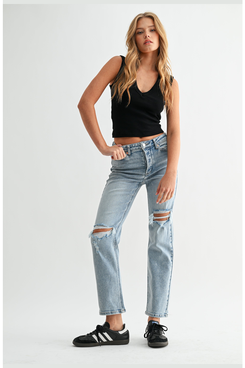 Mia High Rise Destructed Slim Straight Jeans, Alternate, color, Light Wash Blue