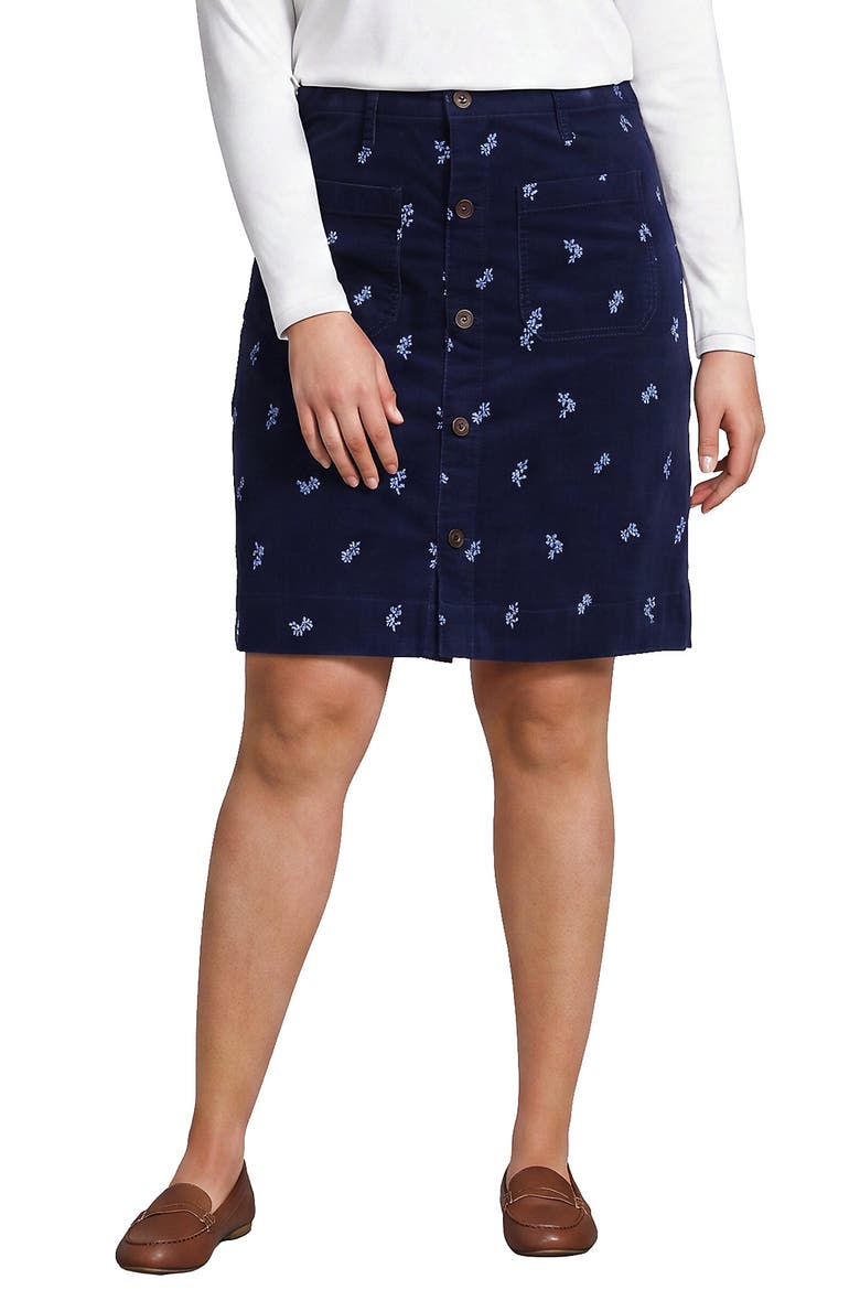 Corduroy Mid Rise Button Through Above the Knee Skirt, Main, color, Embroidery/Deep Sea Navy