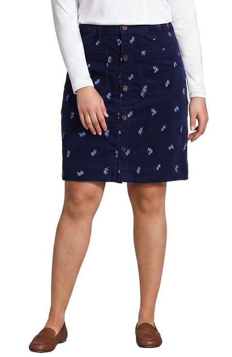 Plus Size Corduroy Mid Rise Button Through Above the Knee Skirt