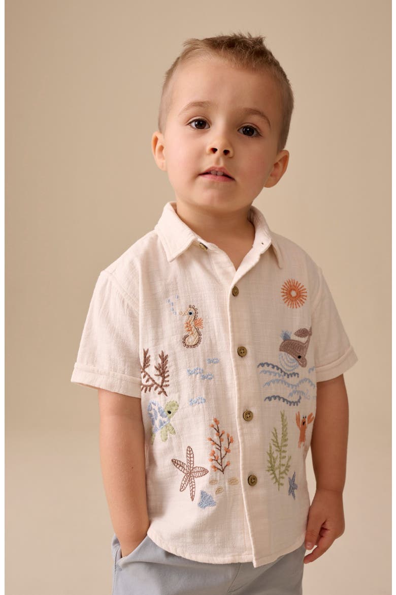 Kids' Embroidered Short Sleeve Cotton Button-Up Shirt, Alternate, color, NEUTRAL