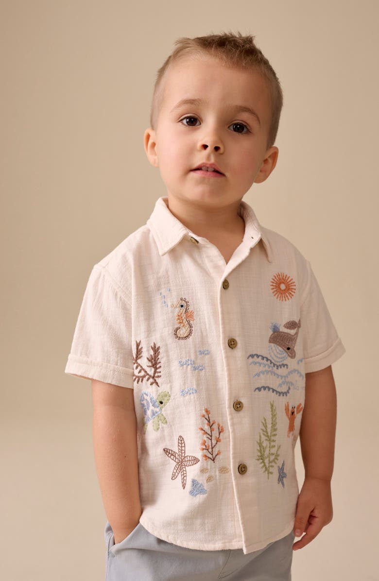 NEXT Kids' Embroidered Short Sleeve Cotton Button-Up Shirt, Alternate, color, Neutral