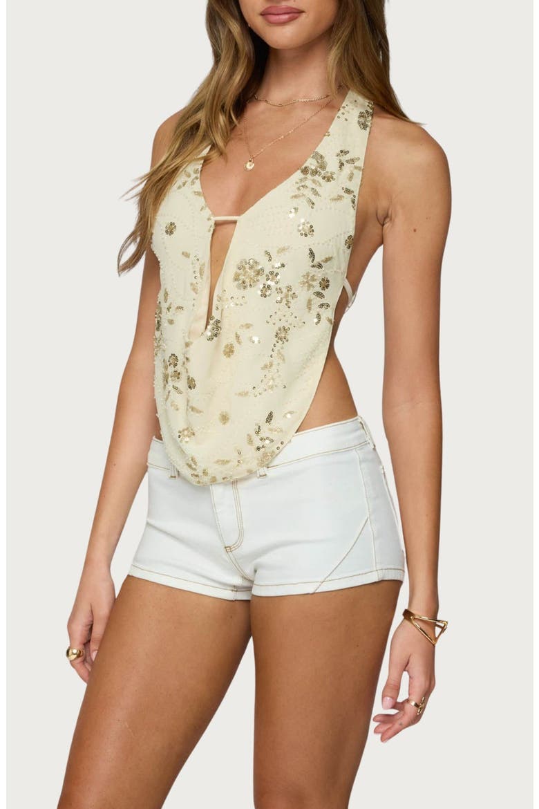 Beaded Cowl Neck Open Back Halter Top, Alternate, color, CREAM