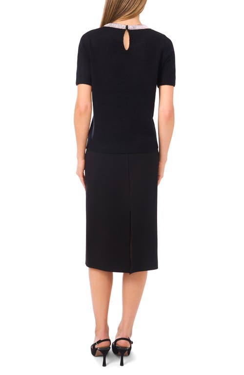 Halogenr Halogen(r) Rhinestone Collar Short Sleeve Sweater In Black
