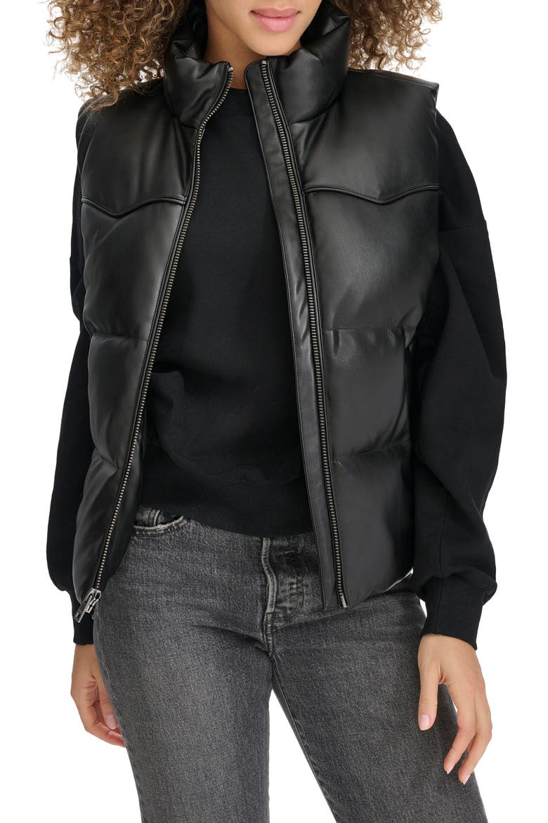 Faux Leather Western Puffer Vest, Main, color, BLACK
