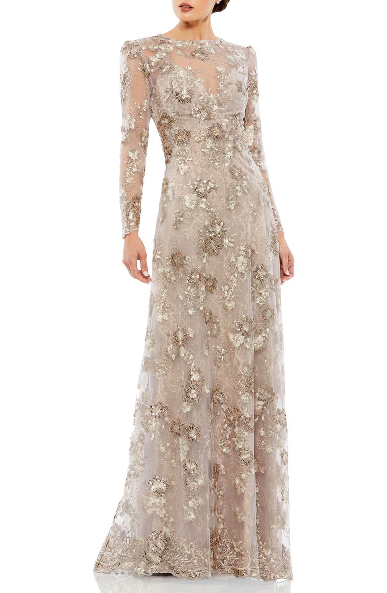 Mac Duggal Floral Embroidered Illusion Long Sleeve Evening Gown, Main, color, Mocha