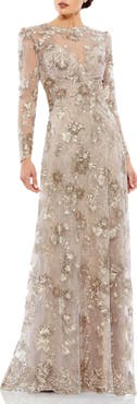 Mac Duggal Floral Embroidered Illusion Long Sleeve Evening Gown