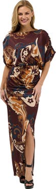 24seven Comfort Apparel Elevate Womens Boat Neck Sleeve Bodycon Front Slit Long Maxi Dress
