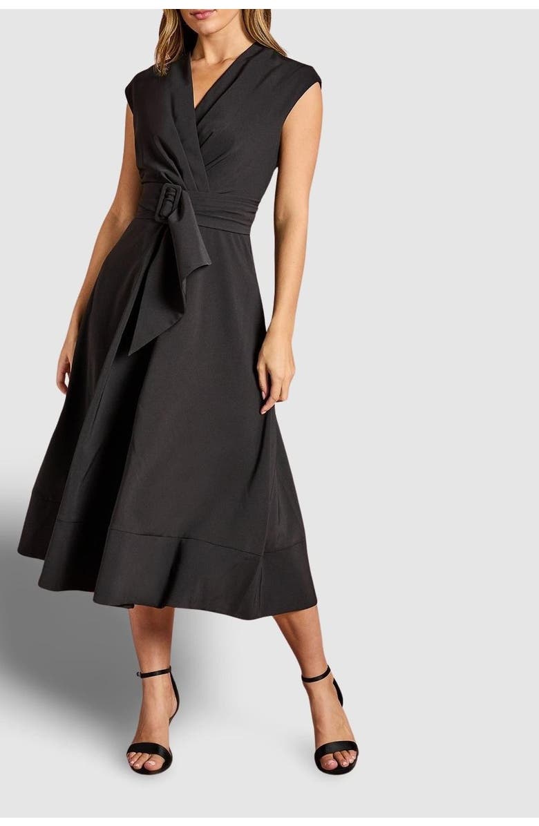 Coast Belted Crepe V-Neck Midi Dress, Alternate, color, Black