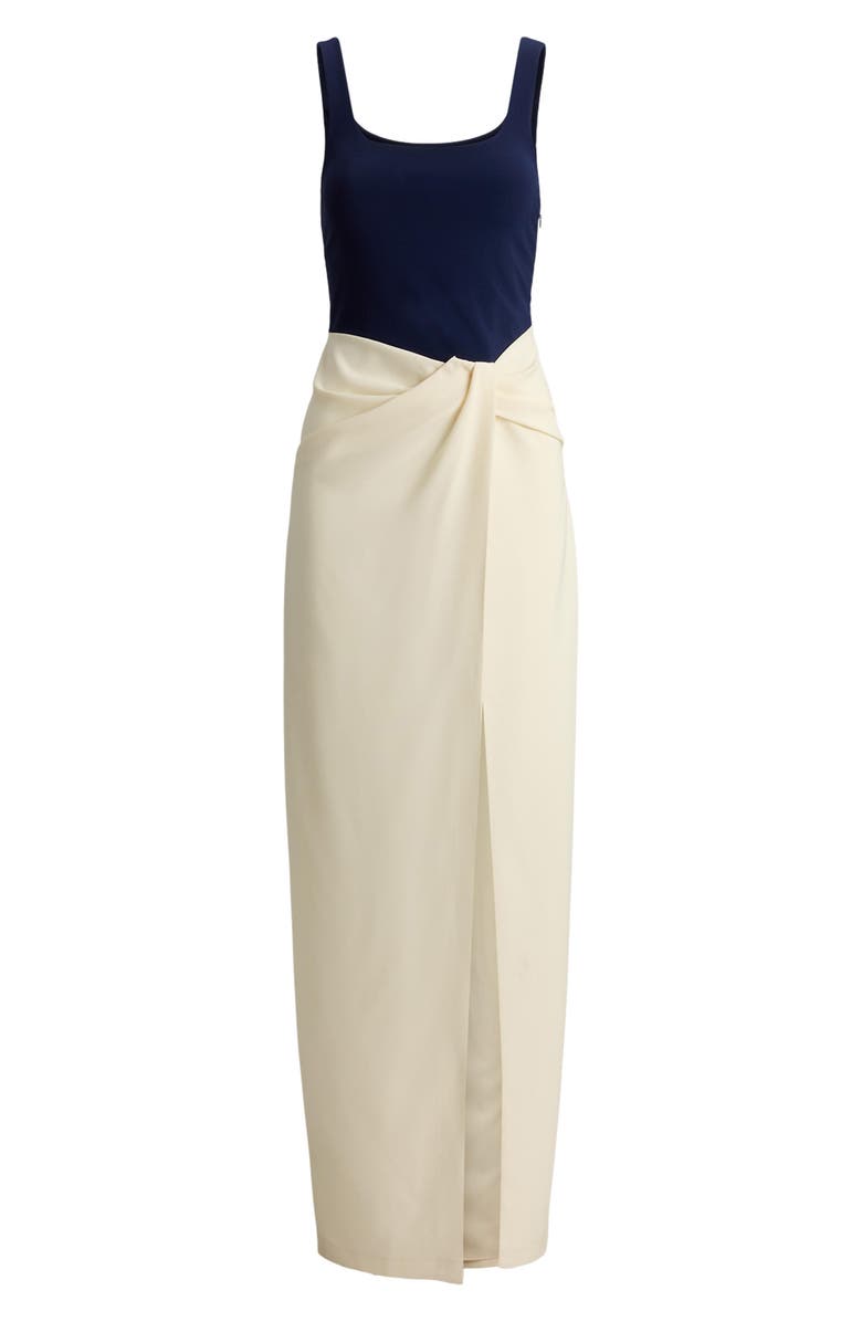 Lauren Ralph Lauren Two-Tone Ottoman & Crepe Sleeveless Gown, Alternate, color, Mascarpone Ivory/ Refined Navy