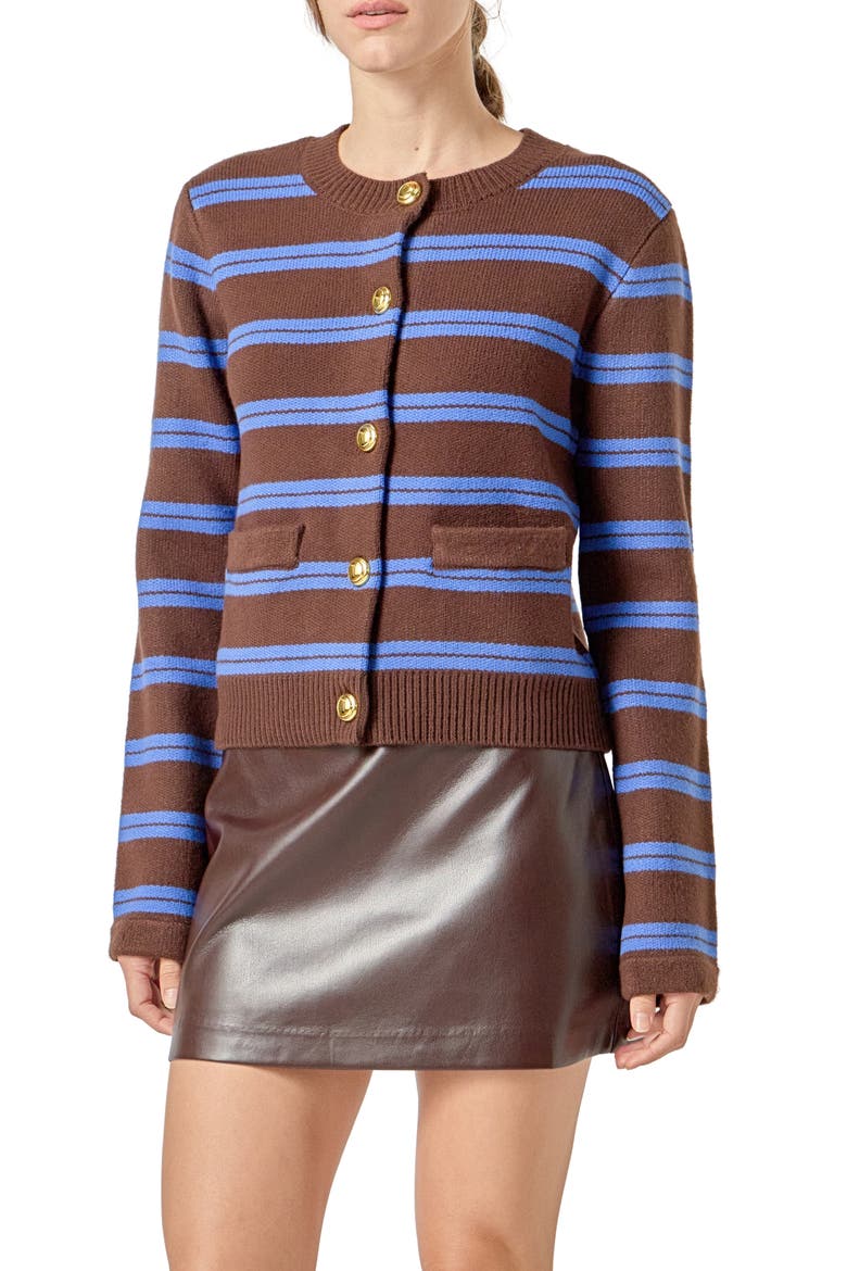 Stripe Button Cardigan, Main, color, BROWN/ BLUE