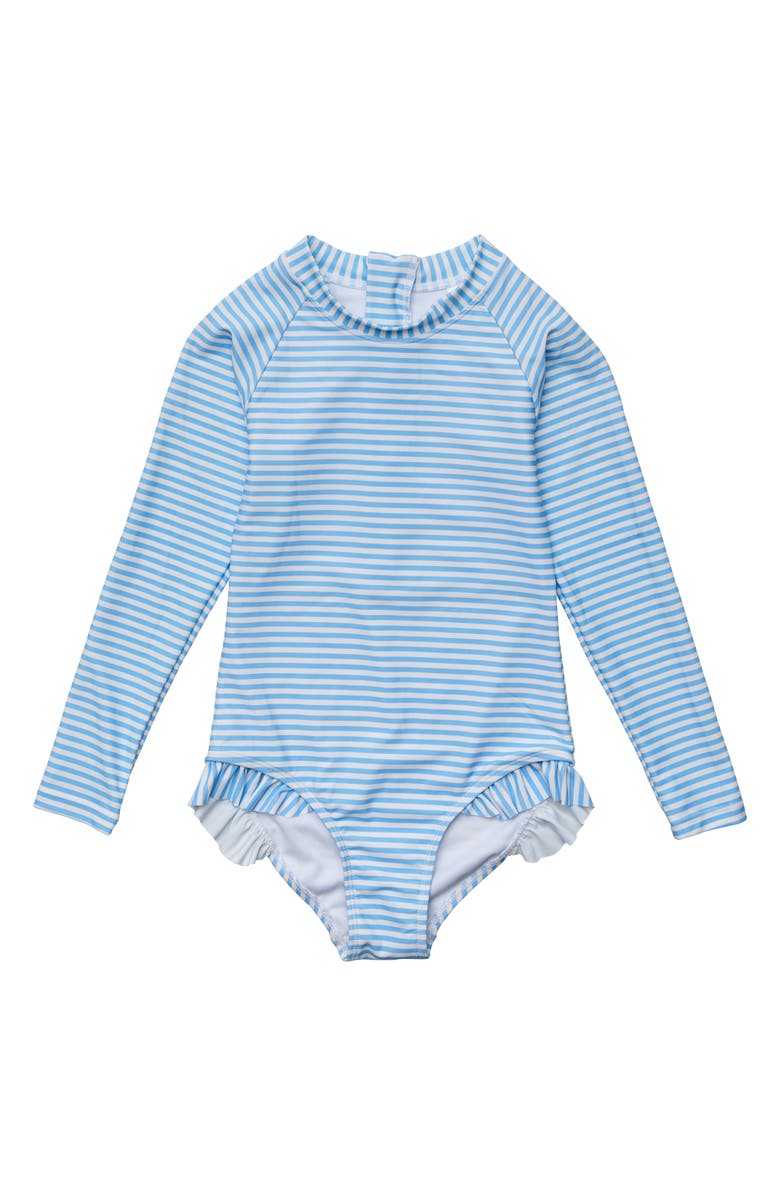 Snapper Rock Kids' Cornflower Stripe Long Sleeve One-Piece Rashguard Swimsuit, Main, color, 
