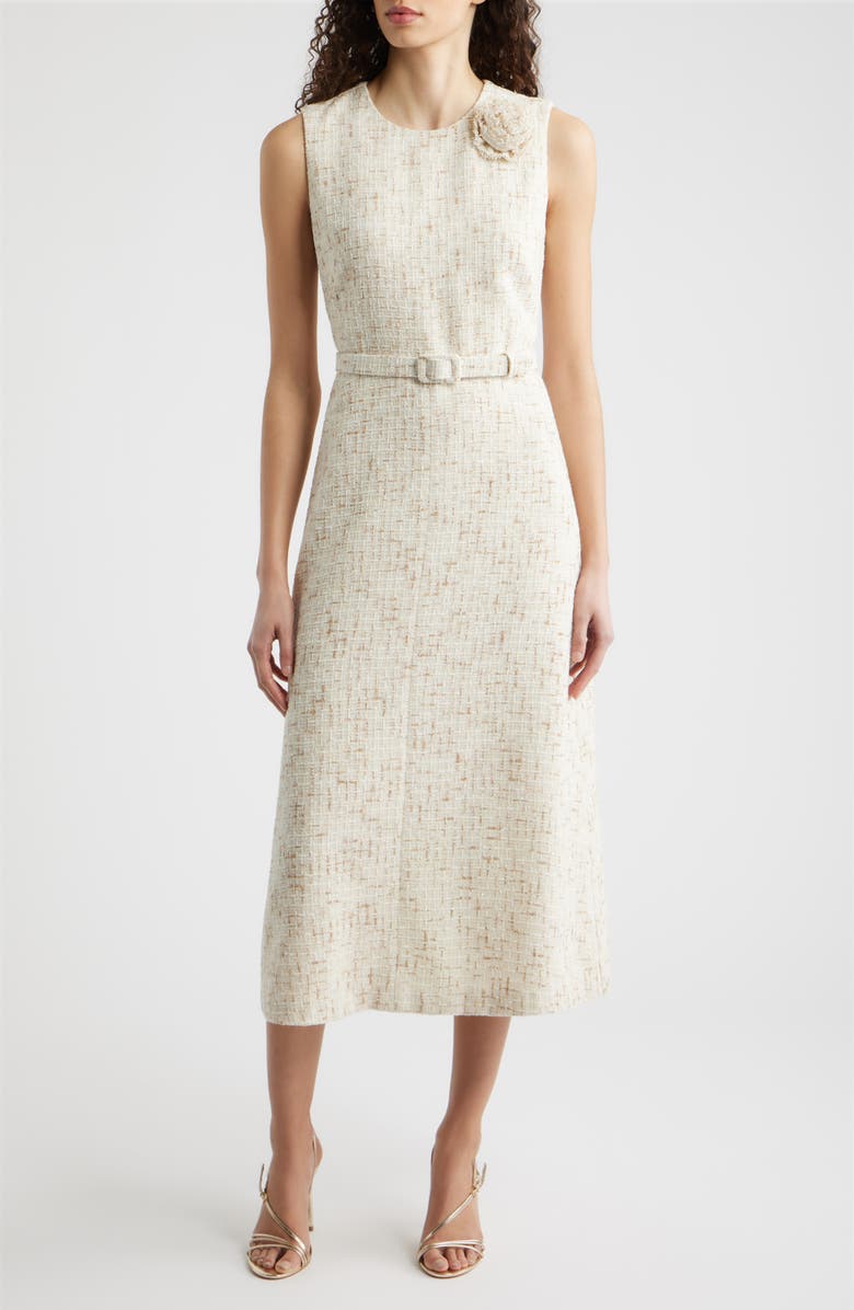 Anne Klein Rosette Belted Tweed Midi Dress, Main, color, 