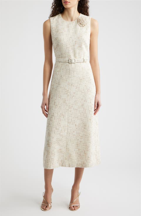 Rosette Belted Tweed Midi Dress