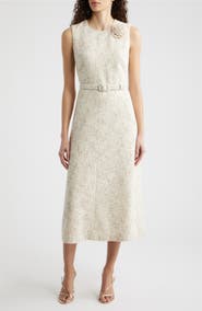 Anne Klein Rosette Belted Tweed Midi Dress