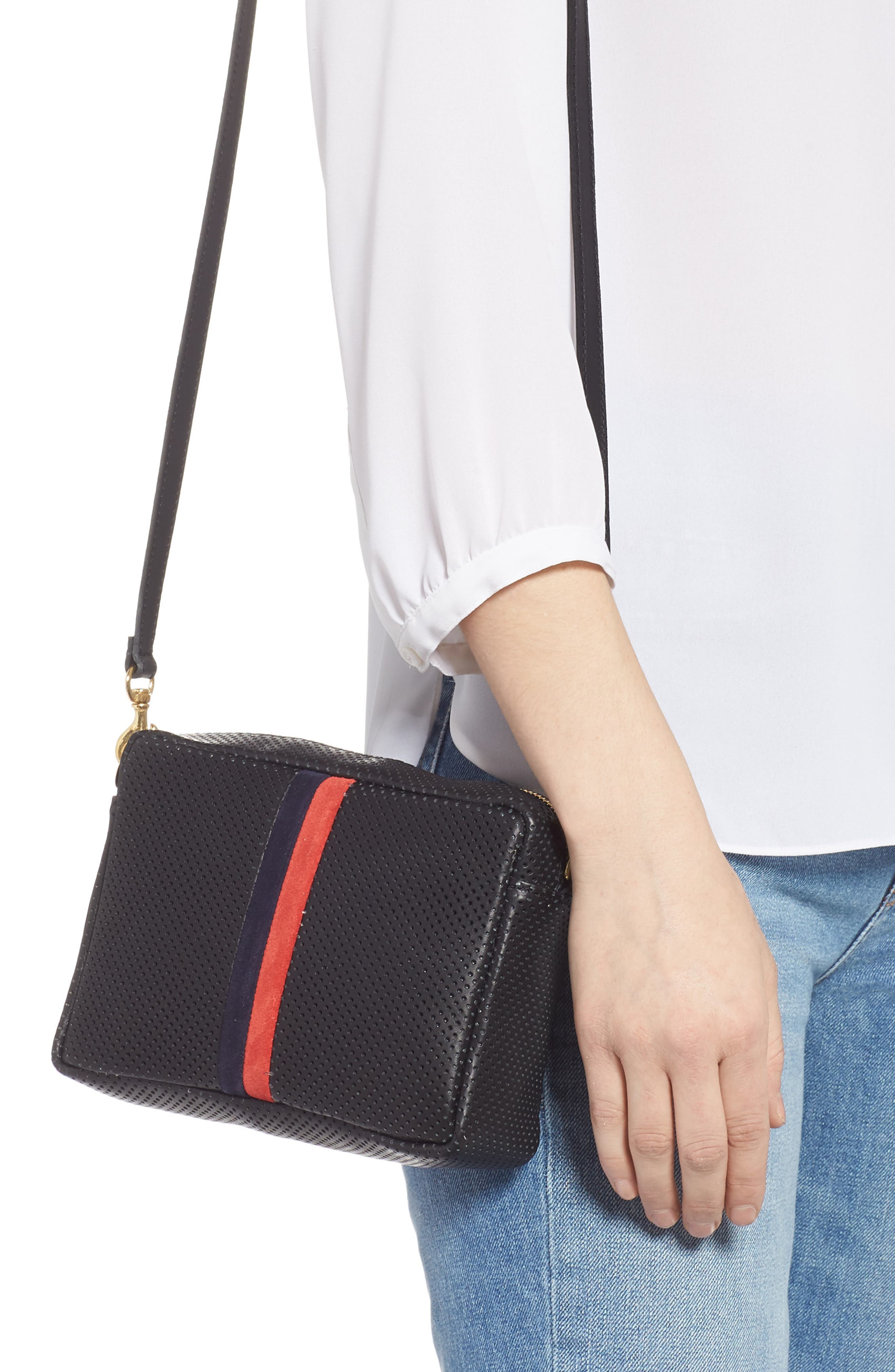 Clare V. Midi Sac Perforated Leather Crossbody Bag, Alternate, color, 