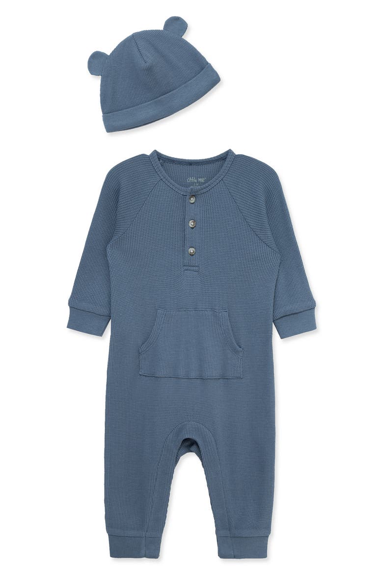 Waffle Stitch Romper & Cap Set, Main, color, DARK BLUE