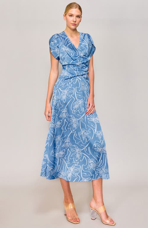 Melloday Ruched Tulip Sleeve Maxi Dress In Blue/ivory Print