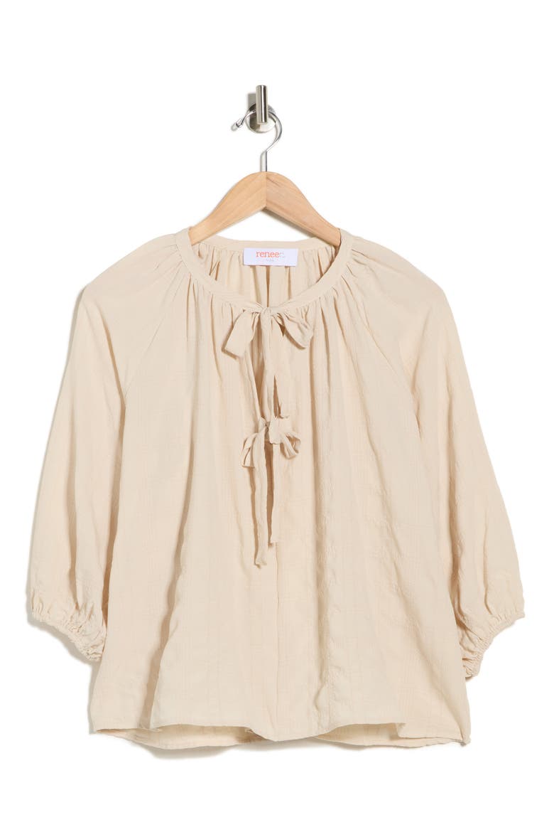 Tie Keyhole Puff Sleeve Top, Alternate, color, TAUPE