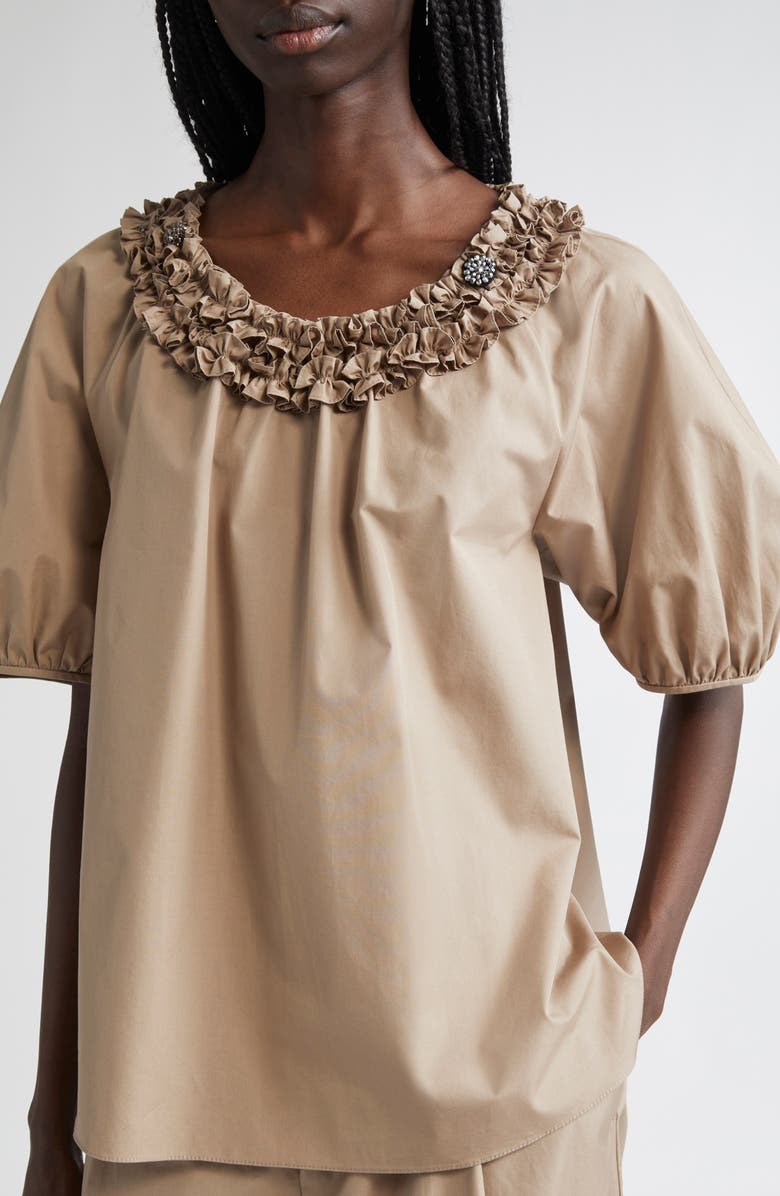 Max Mara Oriana Ruffle Neck Cotton Top, Alternate, color, Turtledove