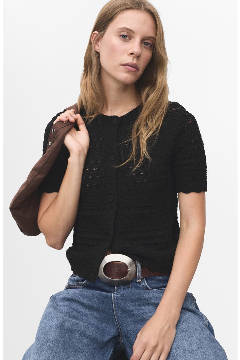 Open Stitch Short Sleeve Cotton Cardigan, Alternate, color, BLACK