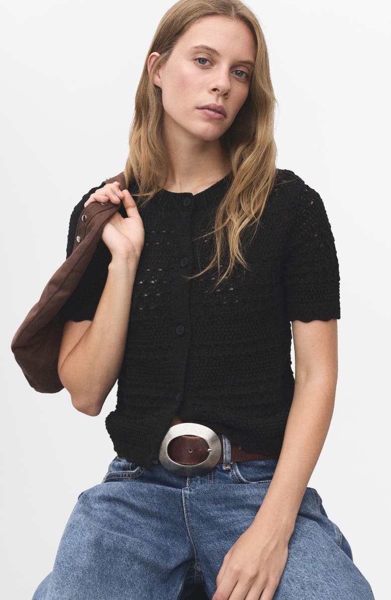 MANGO Open Stitch Short Sleeve Cotton Cardigan, Alternate, color, Black