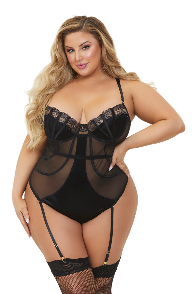 Seven ‘til Midnight Satin Lace Teddy, Alternate, color, Black