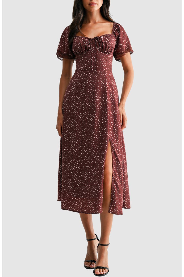 Tie Front A Line Midi Dress, Main, color, BROWN CREAM